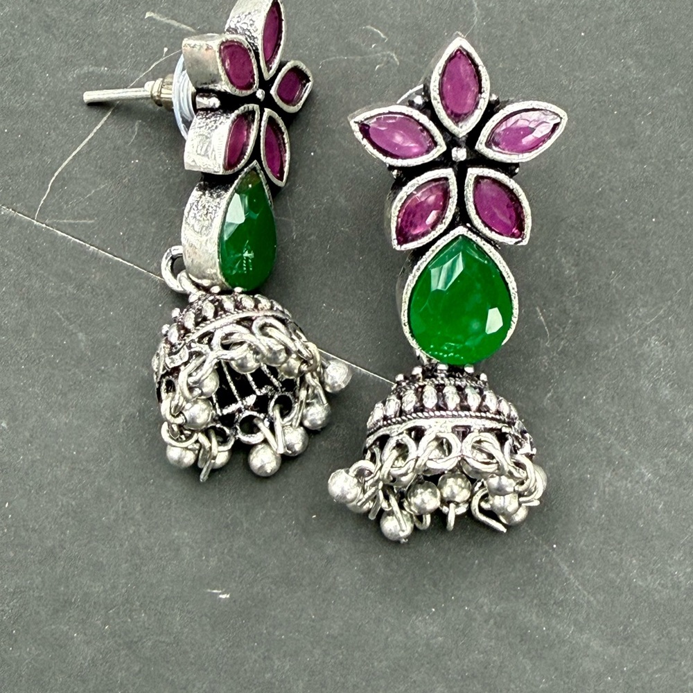 Exquisite Silver Earrings with Green and Pink Accents